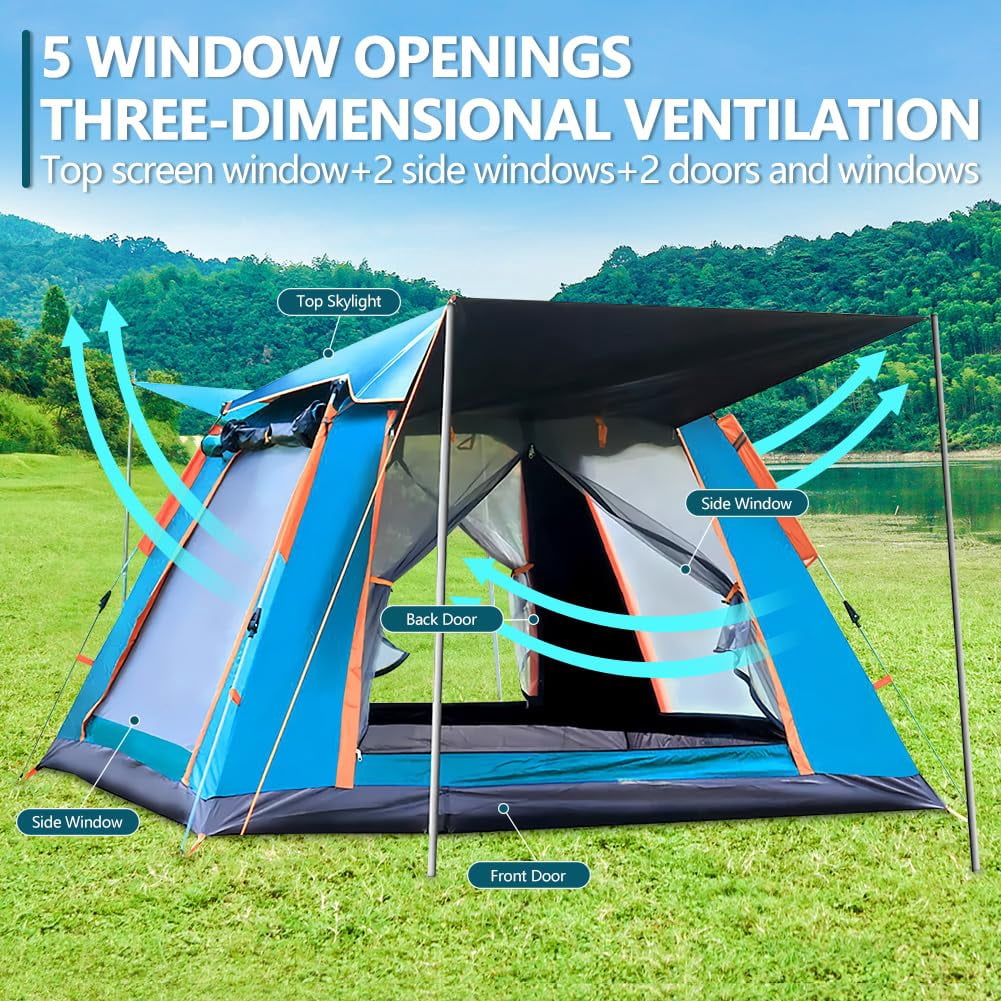 4-5 Person Camping Tent with Rainfly & Carry Bag, Easy Setup Dome Tent with Mesh Windows & Doors, Waterproof UV Protection Portable Family Tent for Camping Hiking Backpacking Travel, Blue