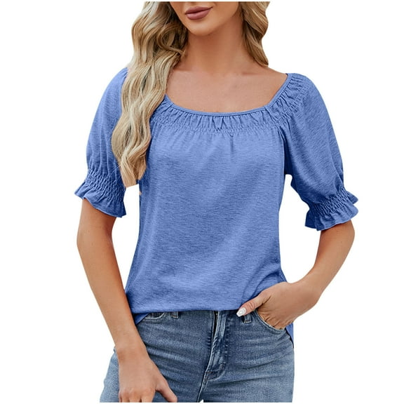 UYISJ Women Square Neck Tops Smocked Cuff Short Sleeve Solid Color Loose Fit Casual Shirts