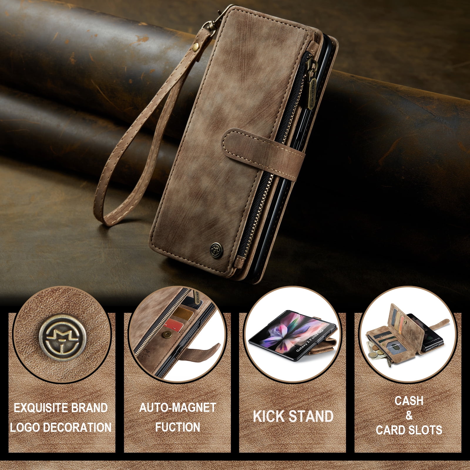 Dteck Galaxy Z Fold 3 Case, Dteck Heavy Duty Durable PU Leather Magnetic Wallet Flip Lanyard Strap Wristlet Zipper Card Holder Phone Case for Samsung Galaxy Z Fold 3 5G, Brown