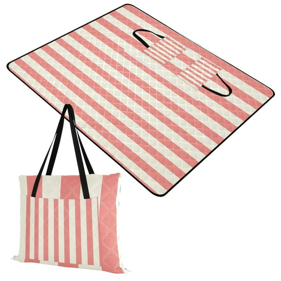 Extra Large Picnic Beach Blanket Waterproof Sand Proof Portable Outdoor Mat Pale Red and Off-white Striped 60x80