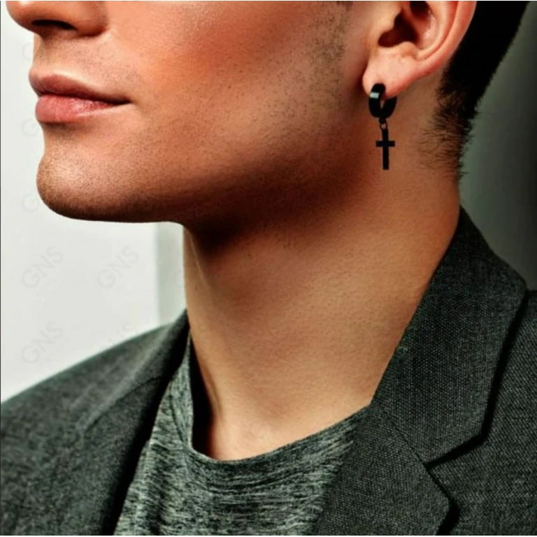 GNS Stainless Steel Hoop Cross Earrings Black