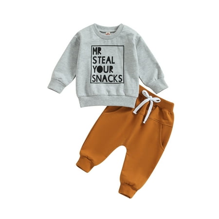 

jaweiwi Toddler Baby Boys 2PCS Pants Clothes Sets 0 6M 12M 18M 24M 2T 3T Long Sleeve Letter Print Sweatshirt Tops and Drawstring Pants Outfits