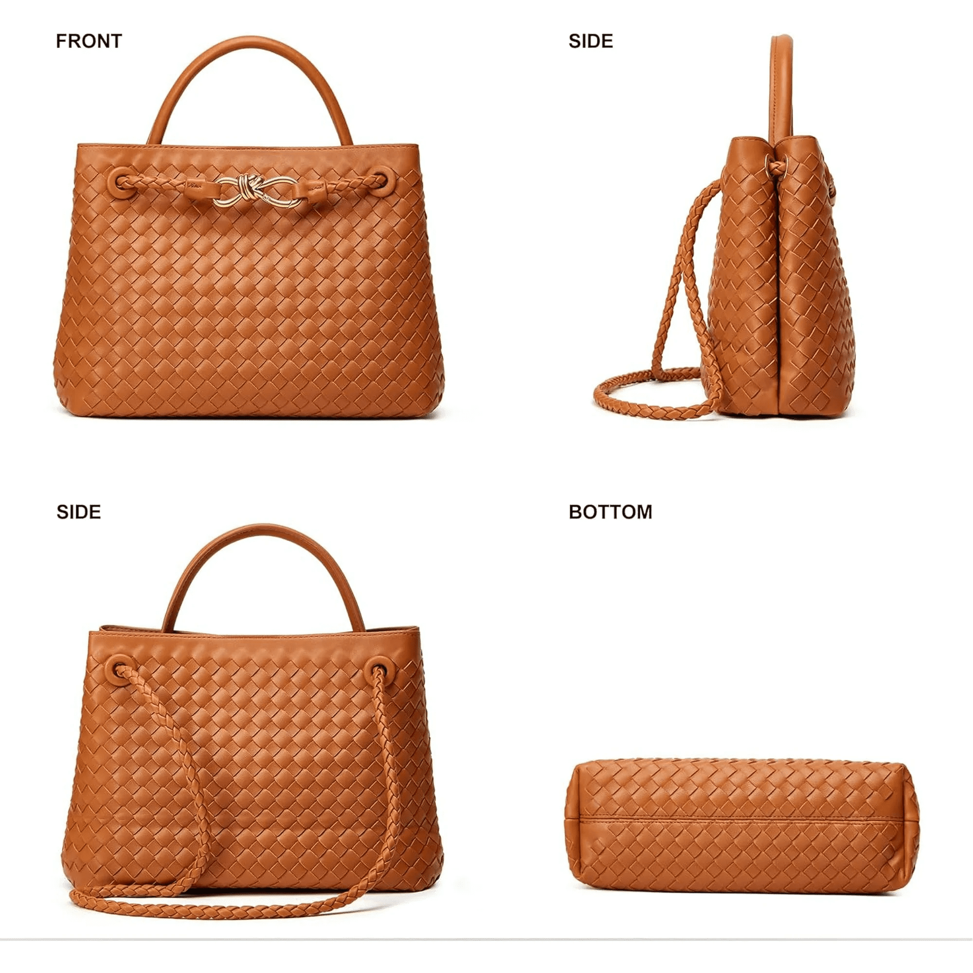 Large Tote Purse Woven Bag for Women Crossbody Handbag: Vegan Leather Small Tote Purse - Bowknot Satchel Brown