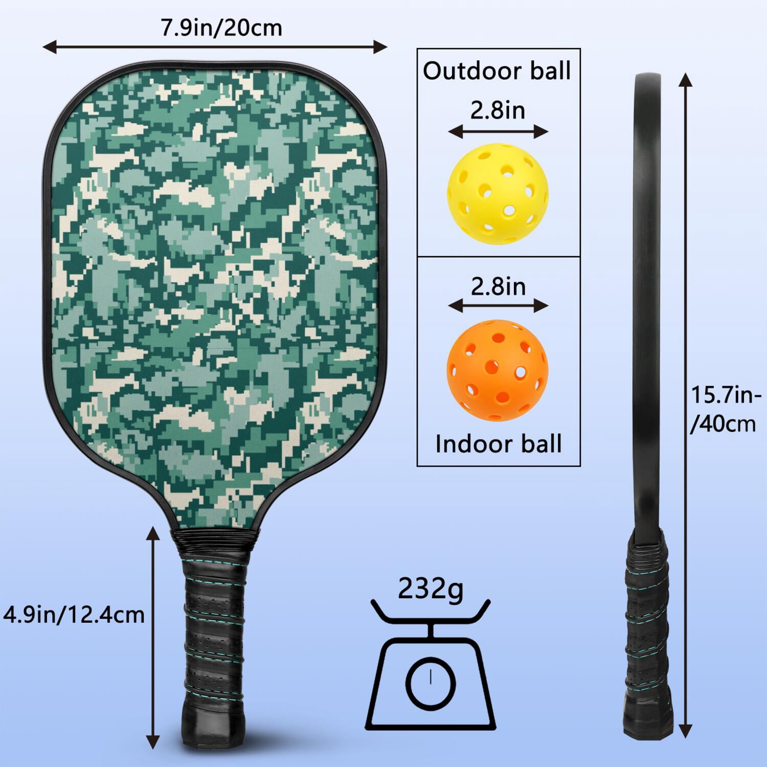 Pickleball Paddles Set Of 1, Fiberglass Surface, Camouflage Print, 1 Paddle, 2 Balls & Bag