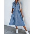 thumbnail image 3 of Women's Denim Shirt Dress V-Neck Short Sleeved Waist A-Line Jeans With Pockets Button Dress Fashion, 3 of 5