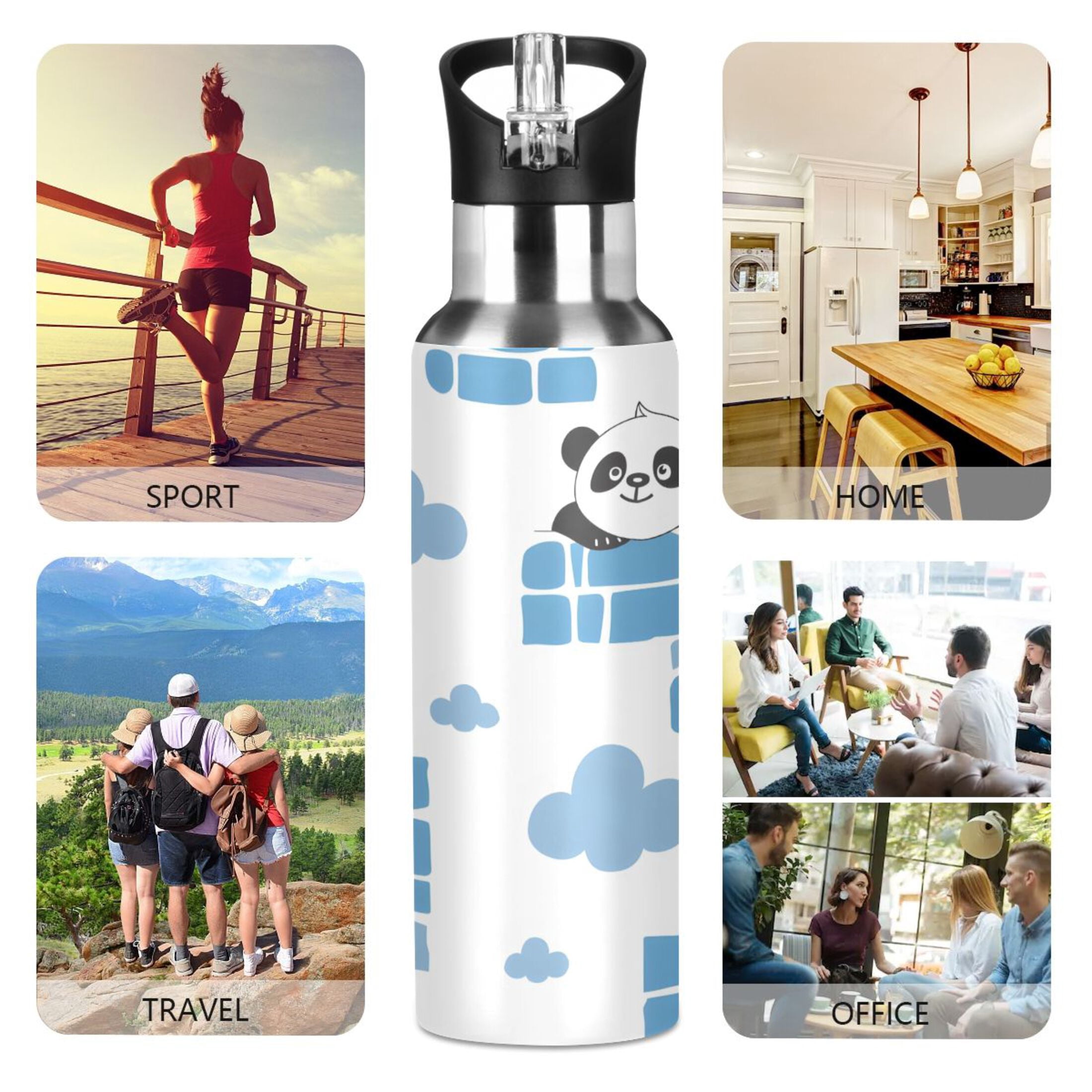 Pandas in Walls Clouds Sports Water Bottle with Straw Lid Insulated Stainless Steel Leak Proof BPA Free Thermal Mug with Handle for Gym Yoga Cycling Camping