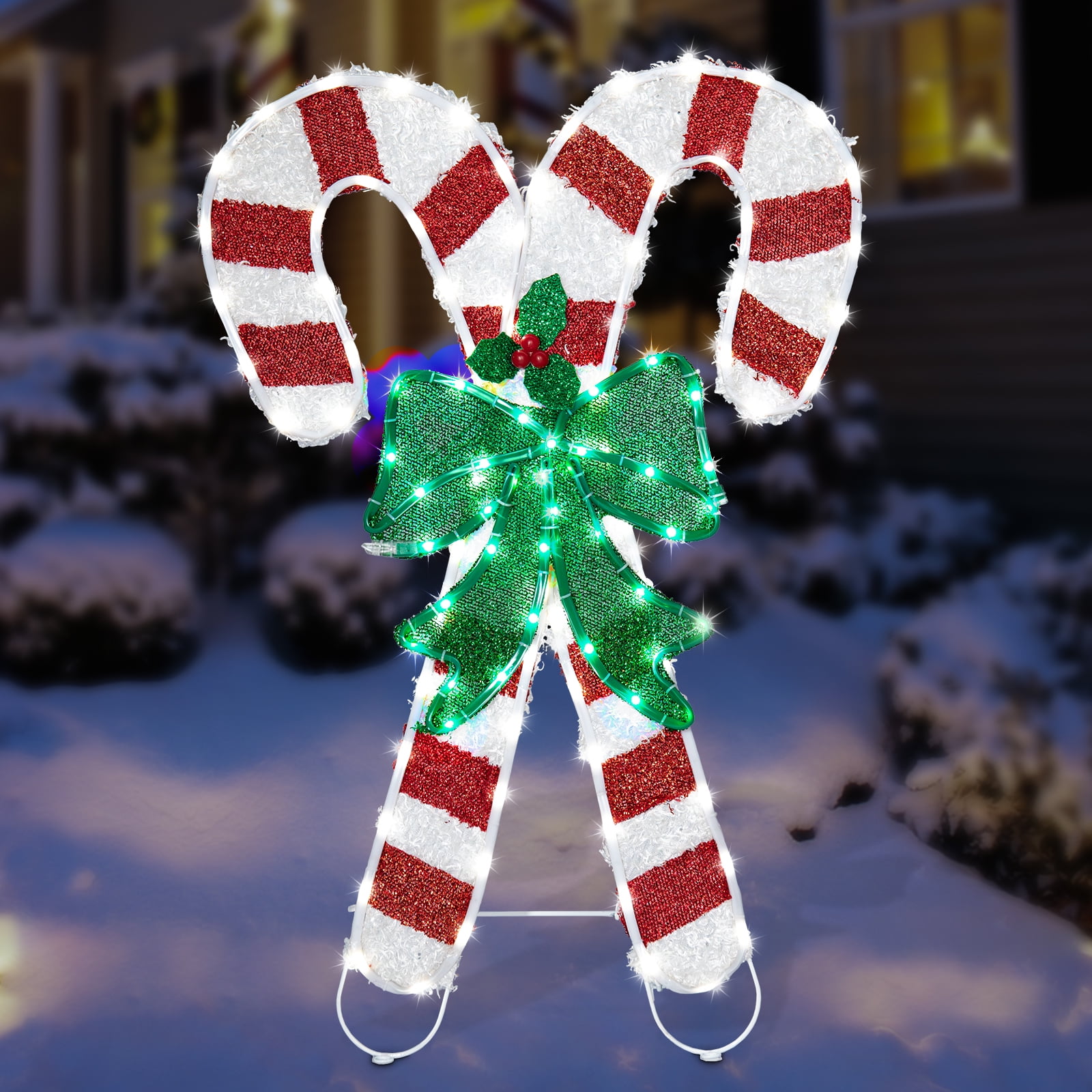 Christmas Candy Canes Tinsel Yard Light Decorations Pre Lit LED