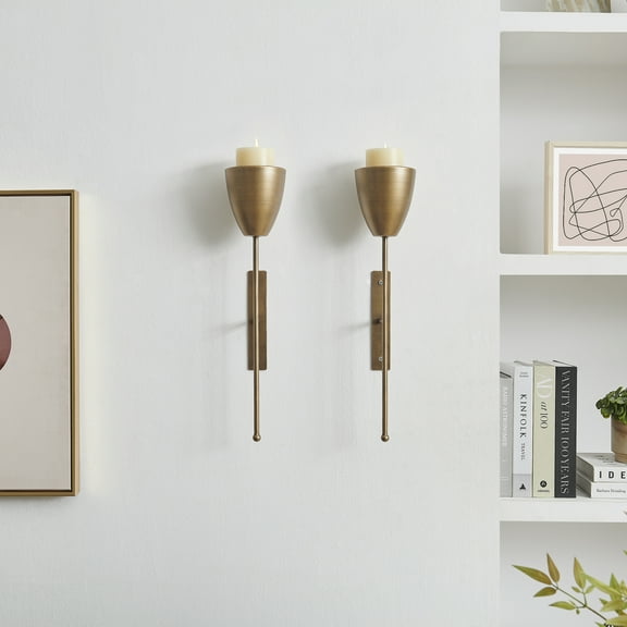 Antique Brass Mid-Century Modern Metal Wall Mount Vertical Pillar Candle Sconces Set of 2