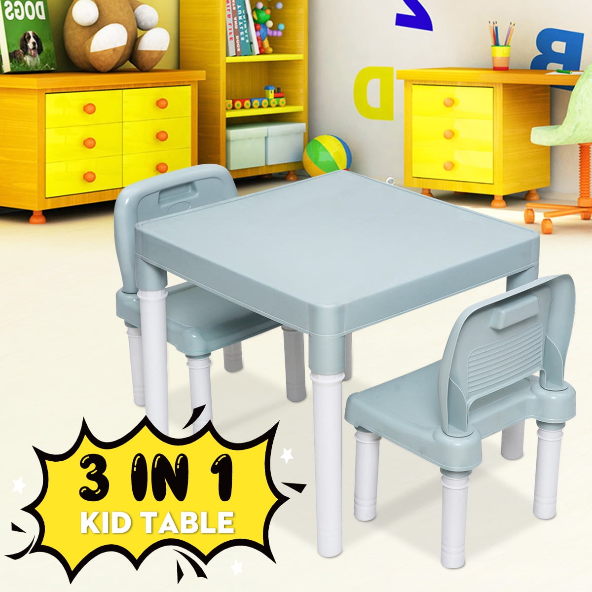 Multipurpose Plastic Kids Table And 2 Chairs Set, Playroom Desk Set