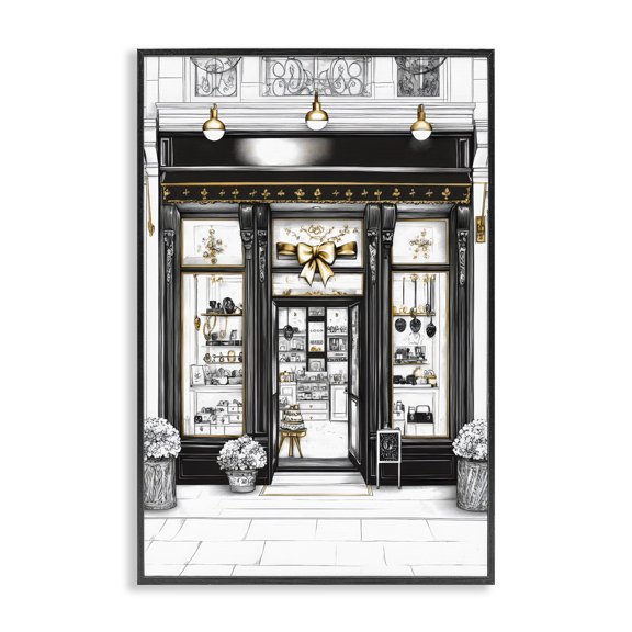 Stupell Industries Glam Paris Shop Facade Black Framed Giclee Art, design by Petal Prints Design