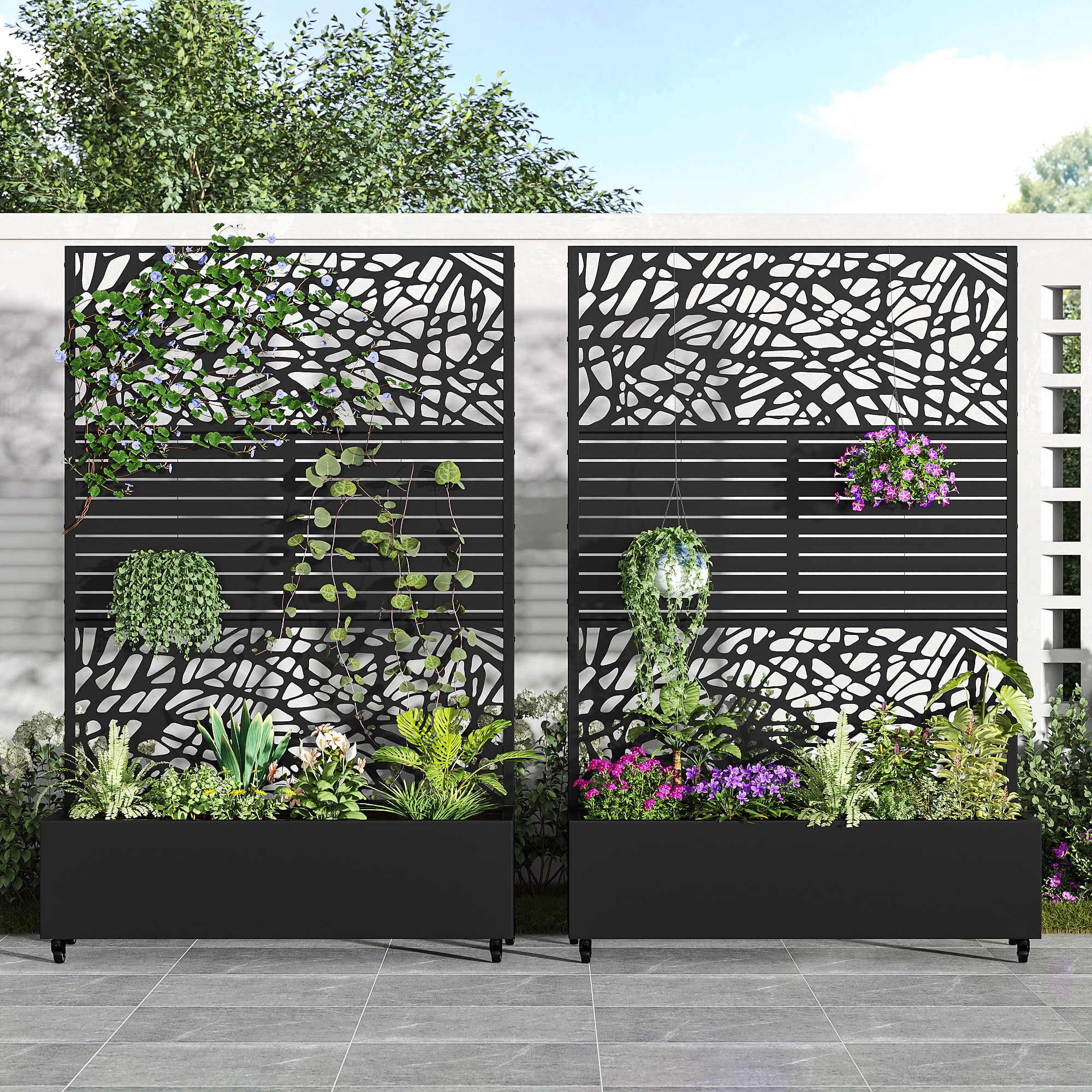 MAYEERTY 2-Set 47*16" Outdoor Black Metal Planter Box with Trellis for Climbing Plants,Vine & Parallel Pattern