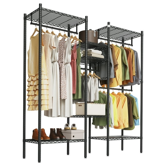 1210 lbs Freestanding Metal Clothes Rack with Hanging Rods and Shelves, Heavy Duty Steel Garment Organizer for Closet Wardrobe Laundry Room, L Shape Corner Configuration, Black
