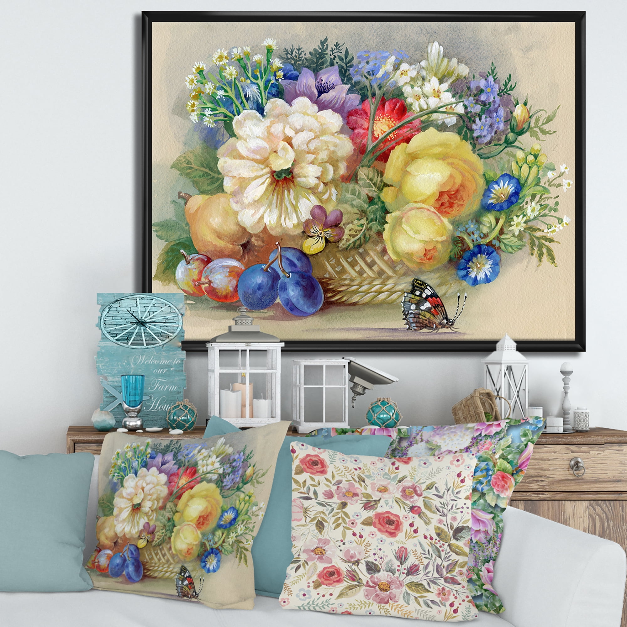Designart 'Vintage Still Life Of White and Yellow Flowers' Traditional Framed Canvas Wall Art Print