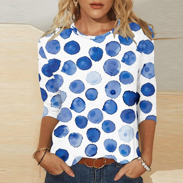 Levmjia Hauts à Manches 3/4 pour Femmes Liquidation Automne Mode Décontractée à Blocs de Couleur Col Rond T-shirt Blouse