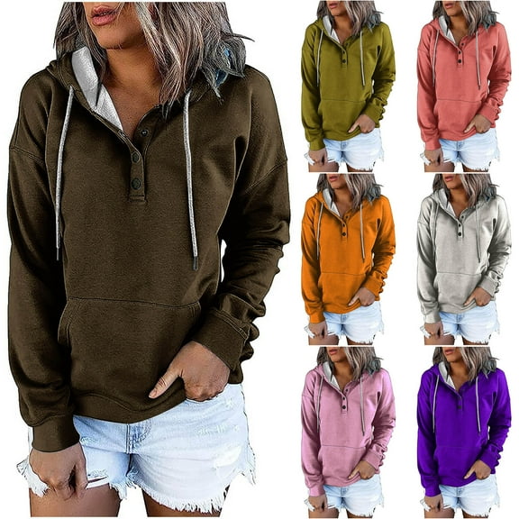 Utoimkio Women's Casual Hoodies Button Collar Pullover Tops Drawstring Long Sleeve Hooded Sweatshirts Relaxed Fit Fall Clothes with Pocket