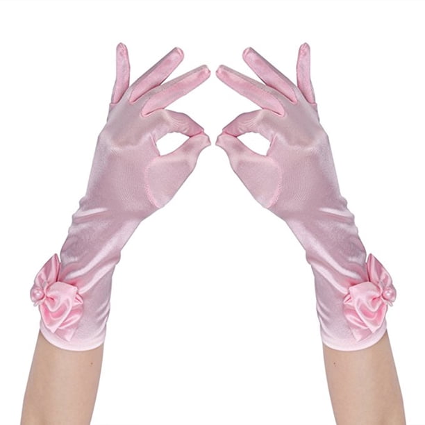 Guantes de niña de las flores con lazo, cortos, para boda, fiesta de noche - Talla L (rosa)