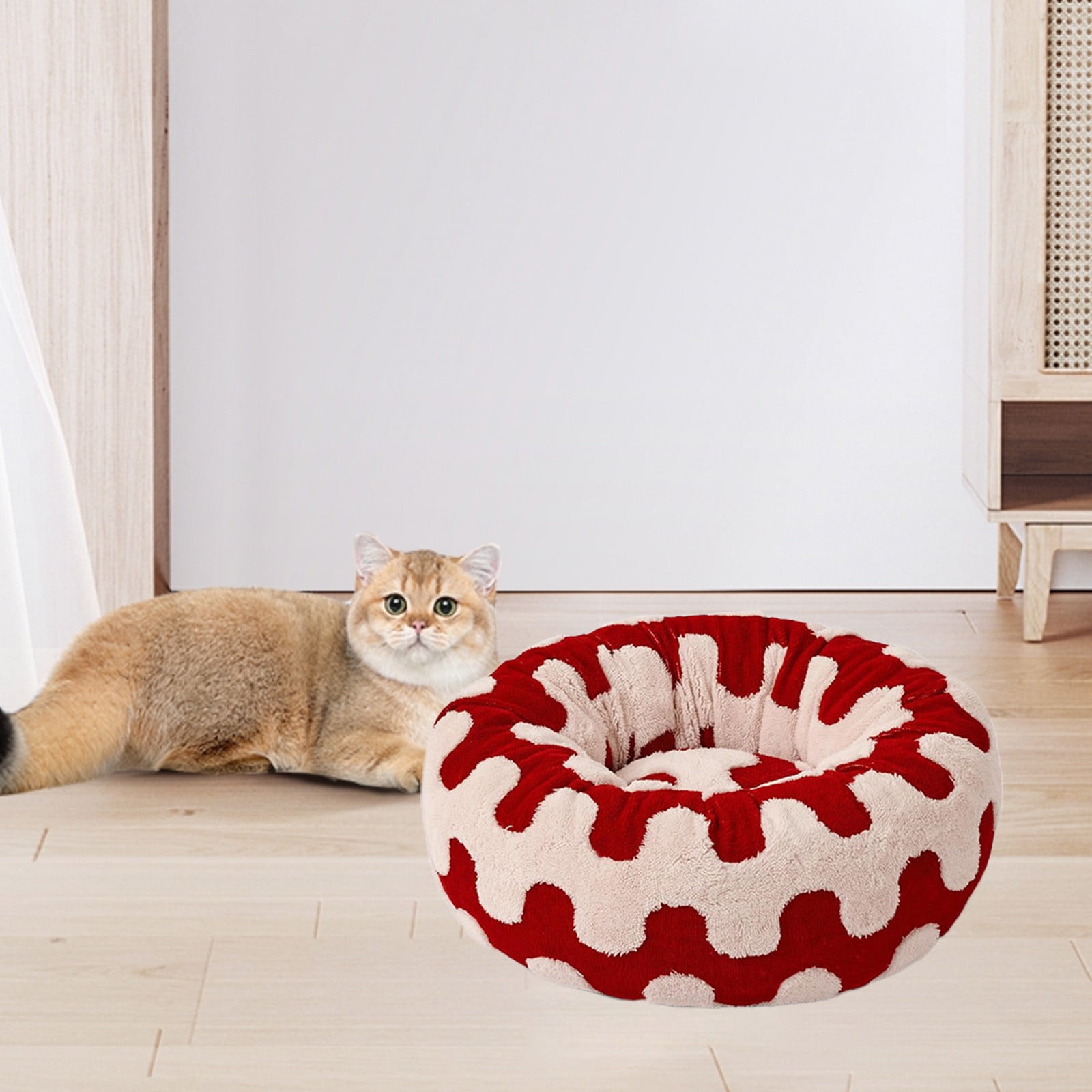 Donut Small Dog Bed - Round Cat Beds for Indoor Cats Calming Pet Beds, Cute Modern Beds with Jacquard Shaggy Plush & Anti Slip Bottom, 15.7 Inch Dia
