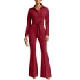 thumbnail image 2 of BRGZLK Women Dressy Jumpsuit 2026 Trendy Solid Color Long Sleeve Collared Flare Leg Romper Casual Business Work Jumpsuits Night Out Outfit Overalls Wine L, 2 of 6