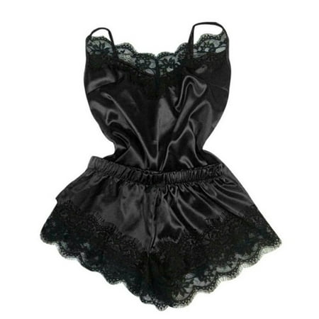 

Women s Silk Lace Trim Underwear Bralette Pajama Set Lingerie Nightwear Sling + Shorts