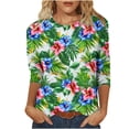thumbnail image 2 of Craaazy Women's Spring/Summer Hawaiian Print Loose Casual Round Neck 3/4 Sleeve T-Shirts Gifts, 2 of 6