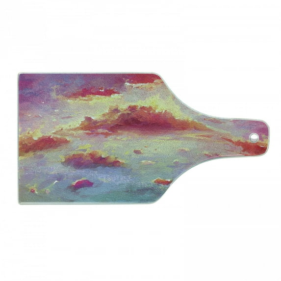 Coral Cutting Board, Vibrant Illustration of Clouds Scenic Sunset Fluffy Fantasy Magnificient, Tempered Glass Cutting and Serving Board, Wine Bottle Shape, Coral Purple Pale Blue, by Ambesonne
