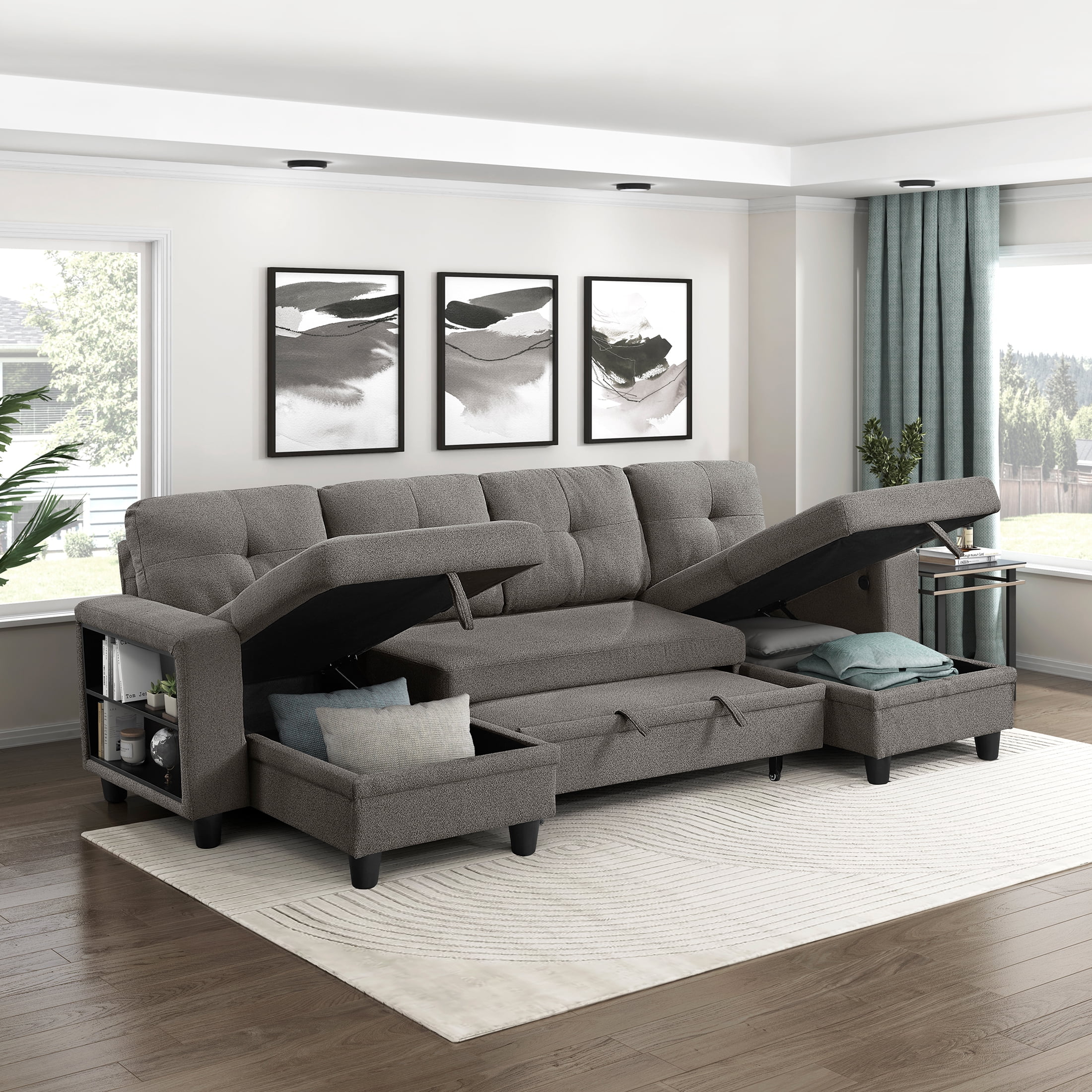 OakvillePark Vessarion Boucle Sectional with Two Chaises, Pull-out Bed, Shelves and Charging Ports, Dark Brown