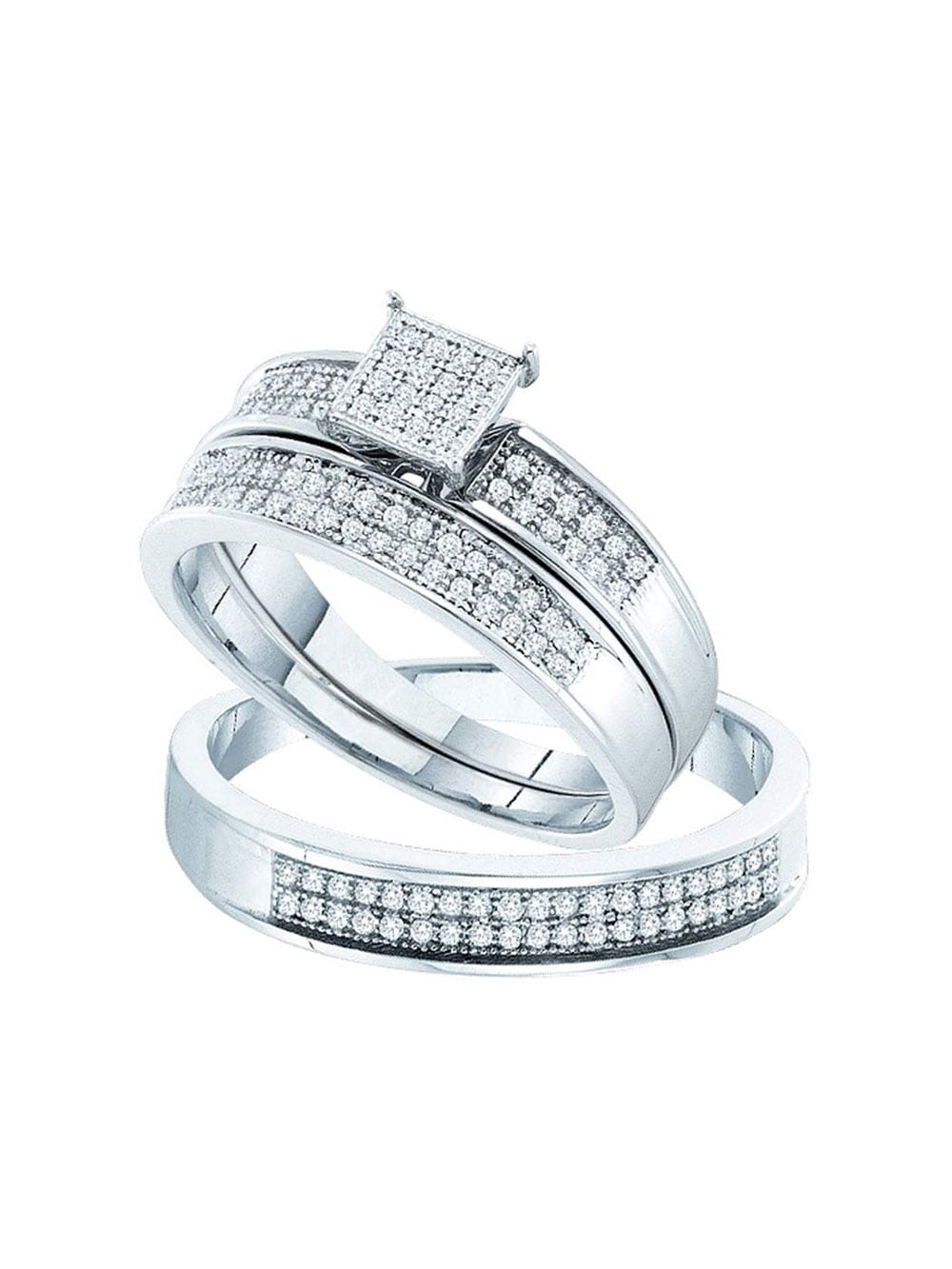 Solid 925 Sterling Silver His and Hers Round Diamond Cluster Matching ...