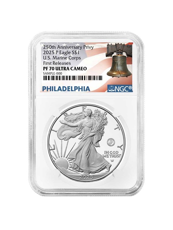 Collectible 2025-P Proof $1 American Silver Eagle Marine Corps Privy NGC PF70UC FR Liberty Bell Label 250th Anniversary