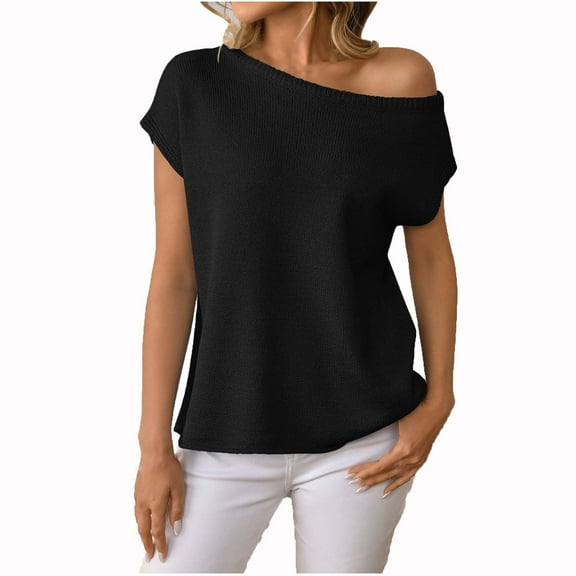 Sevevn Women's Off The Shoulder Sweater Tops Summer Short Sleeve Knit Casual Shirt 2025 Trendy Going Out Tops