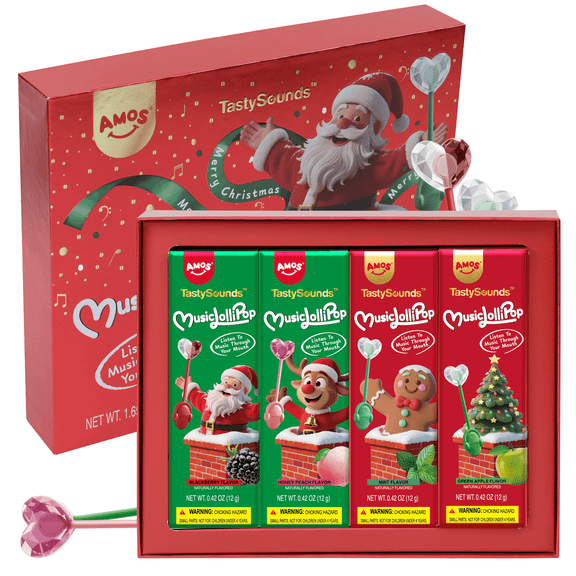 Amos Christmas Music Lollipops Tasty Sounds Audio Lollipops Candy Box Mixed Flavor (4Packs)
