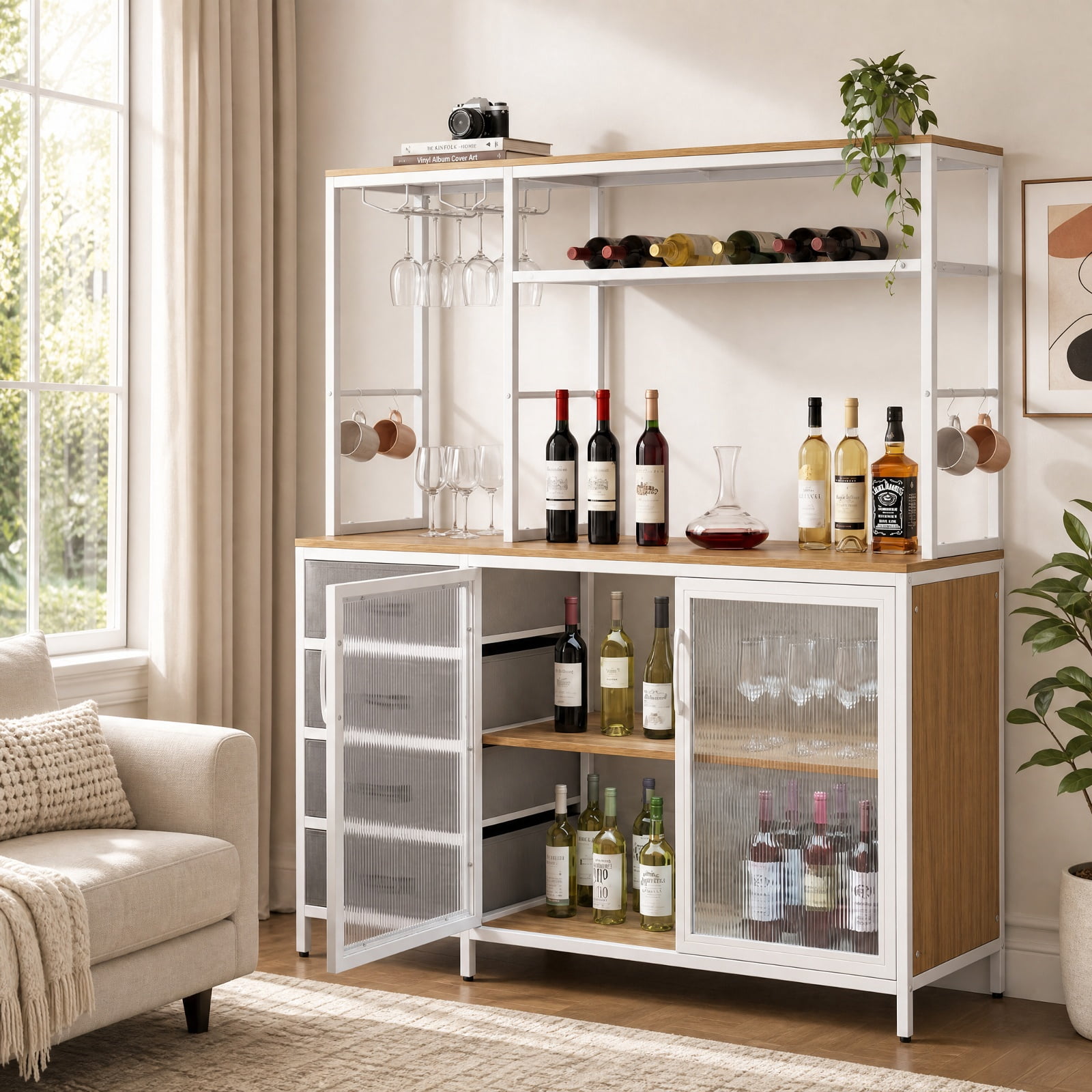 Furnibear Sideboard Buffet Cabinet with LED Lights 55 inch Coffee Table with Power Outlets for Kitchen Dining Living Room Buffet Storage, Natural