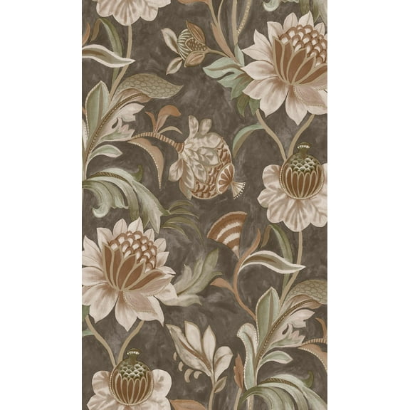 Charcoal Rust Grey Jacobean Style Floral Wallpaper