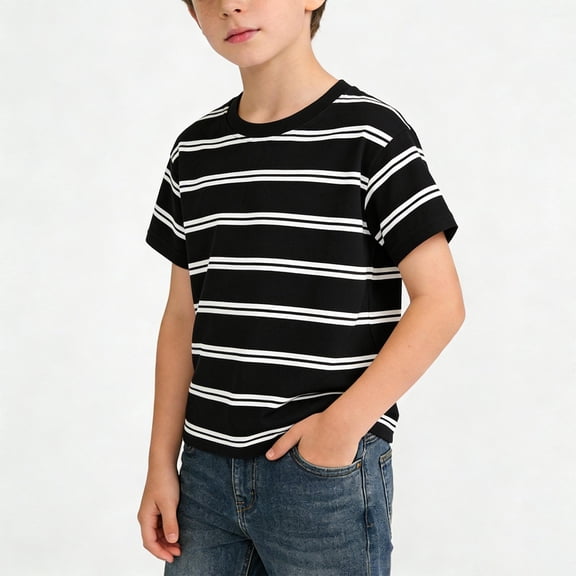 Fnooota Boys Cotton T-shirts, Stripe Short Sleeve Summer Crew Neck Kids Tees Black Size 10-12