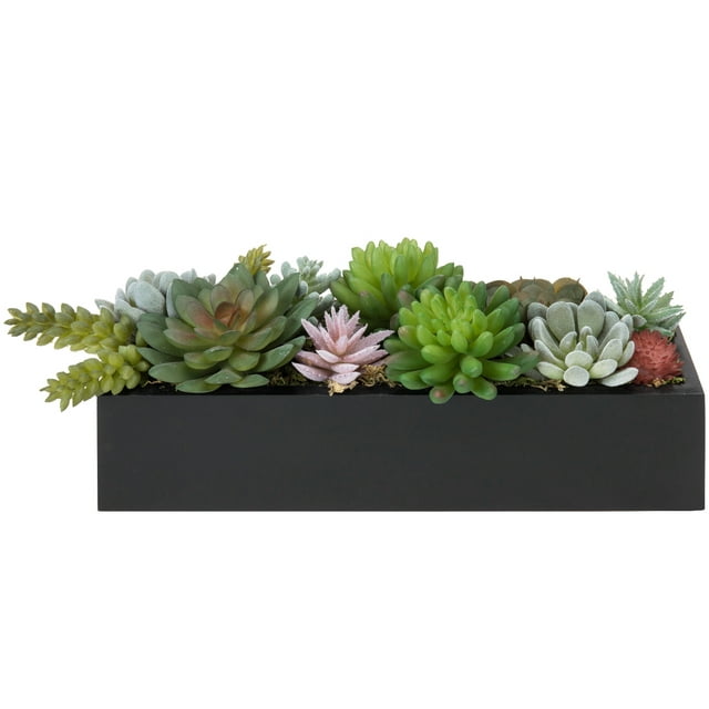 MyGift 12 Inch Modern Artificial Succulent Plants Arrangement Centerpiece in Black Rectangular Wood Planter Box