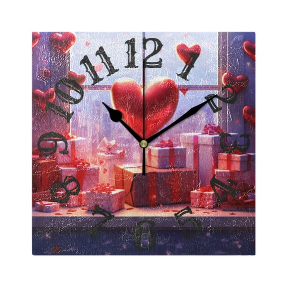 Hearts Gifts Valentine's Day Wall Clock Square Silent Non Ticking Battery Operated Clock for Home Bathroom Kitchen Bedroom Living Room