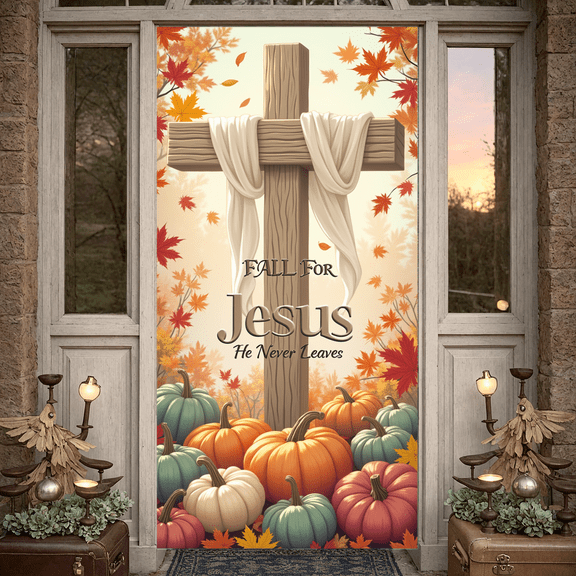Decorative Cross Fall for Jesus Autumn Leaves Pumpkin Banner for Thanksgiving Church Celebration Religious Events