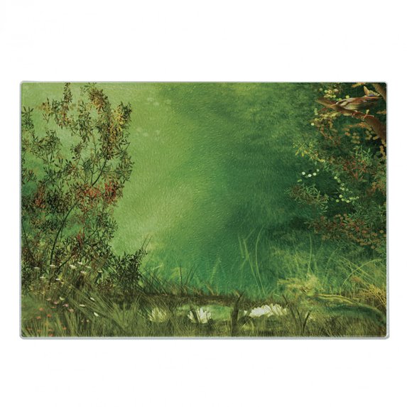 Rainforest Cutting Board, Mystic Dreamland Butterflies Land Grass Flowers Lizard Romantic Scenic Art, Decorative Tempered Glass Cutting and Serving Board, Small Size, Green, by Ambesonne