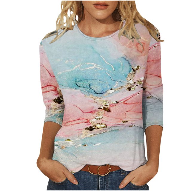 Camiseta estampada a la moda para mujer, blusa de manga 3/4 de longitud media, cuello redondo, camisetas informales Pompotops FGAJ3319
