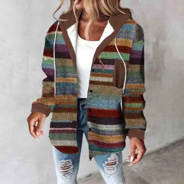 Chaquetas y abrigos casuales con capucha de manga larga para mujer, chaqueta con capucha informal de rayas de colores para otoño e invierno, chaqueta/chaqueta casual con capucha de manga larga, blusa