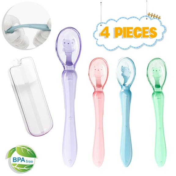POINTERTECK 4 Pack Baby Spoon Soft-Tip First Stage Silicone Self Feeding Training Spoons for Baby Led Weaning with 2 Cases for Infant Baby, BPA Free, Best Infant Gift Set(Multi-color)