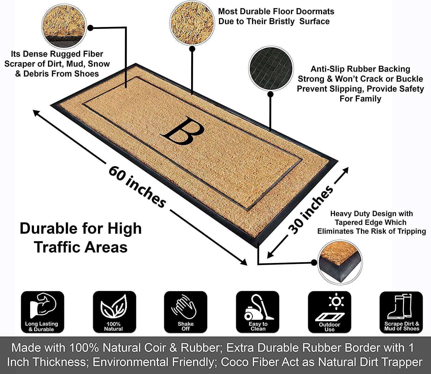 A1HC Natural Coir & Rubber Monogrammed Door Mat, 30x60 in, Thick Durable Heavy-Duty Entrance Mat with Thin Profile for Front Door