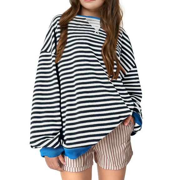 NAISIBABY Big Girls Pullover Sweatshirts, Long Sleeve Casual Fashion Striped Kids Loose Tops Blue