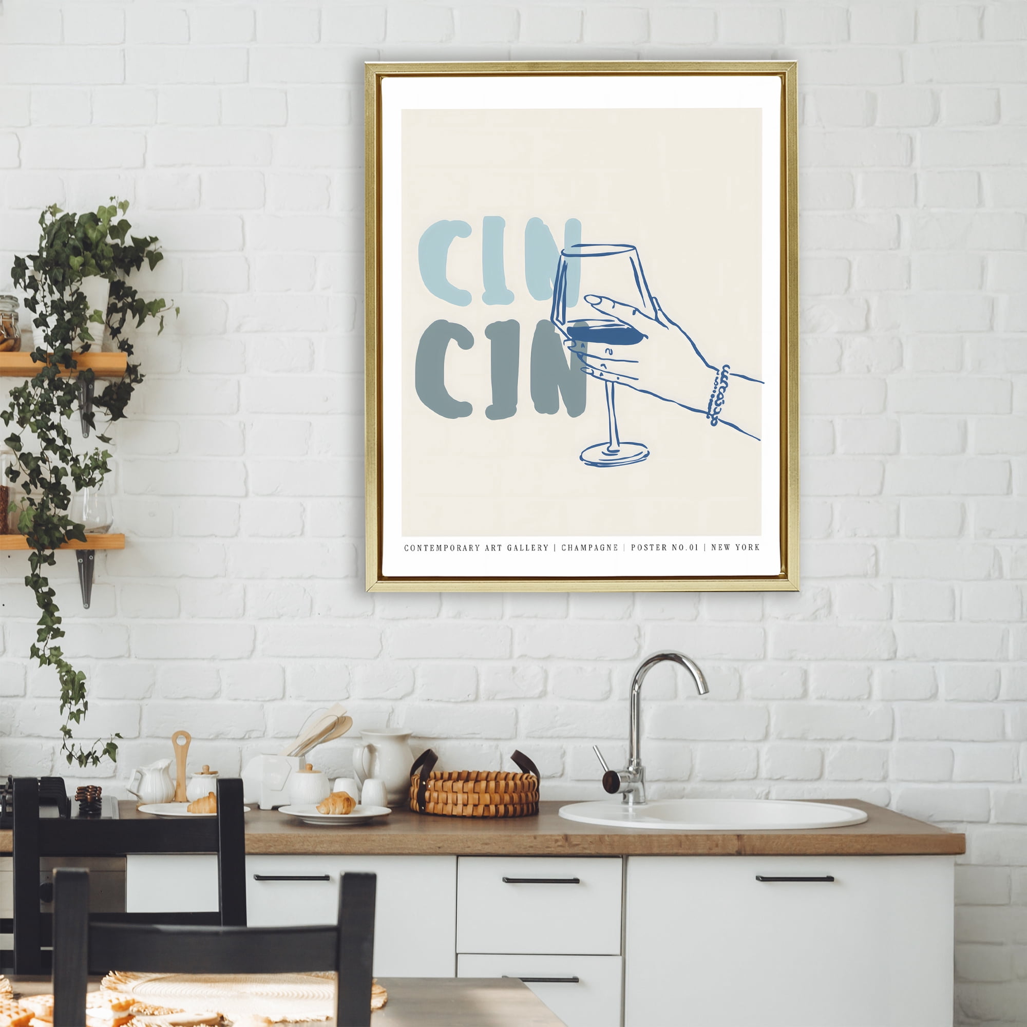 Stupell Industries Cin Cin Blue Champagne Toast Gold Framed Floater Canvas Wall Art, design by The Prints Vibe