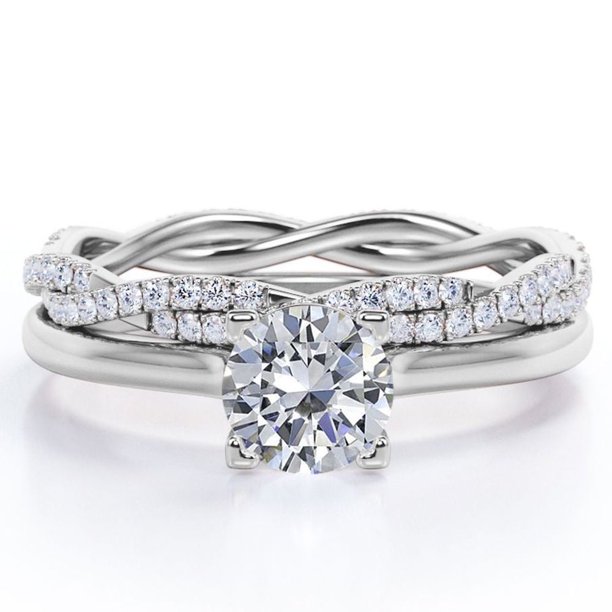 JeenMata Anillo de Bodas de Eternidad Cruzada de 1,75 ct, Juego de Anillos con Garras, Chapado en Oro Blanco de 18 K sobre Plata (Personalice la Banda de Su Anillo)