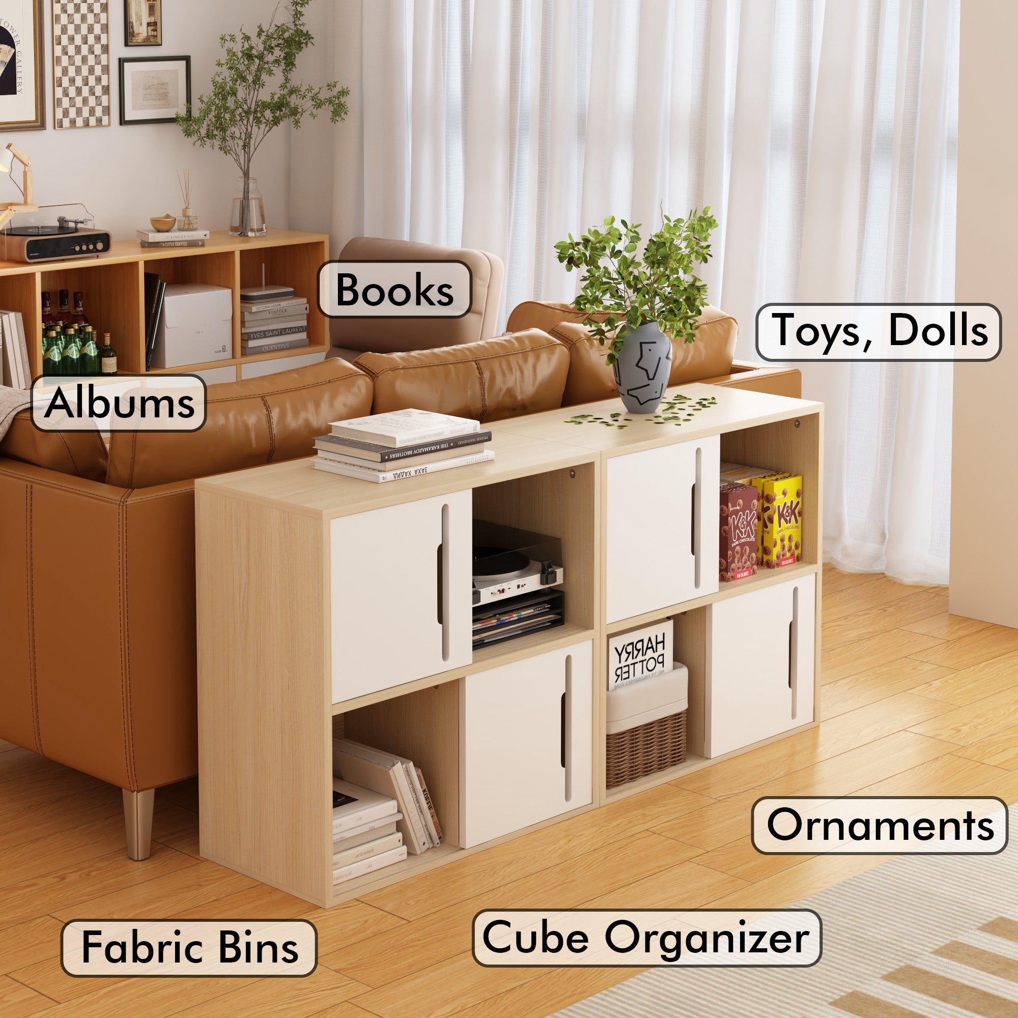 4 Cube Storage Organizer,Modern Wooden Storage Cabinet with Sliding Doors,for Living Room,Bedroom,White