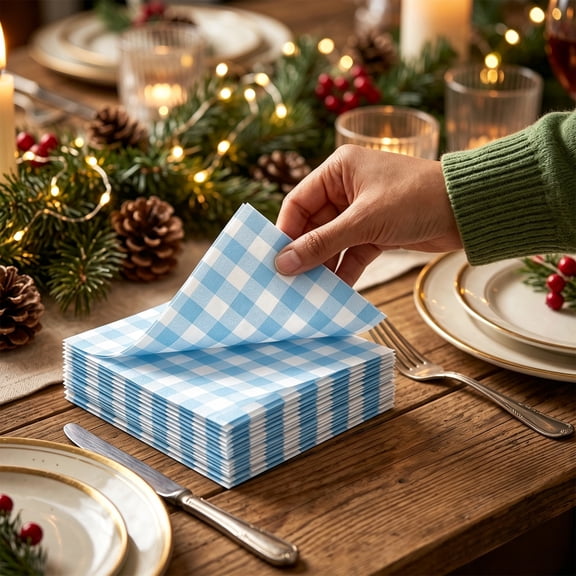 20 Pack Plaid Disposable Paper Napkins, Holiday Party Beverage Napkin, Gingham Check Pattern, Blue, 20 Count