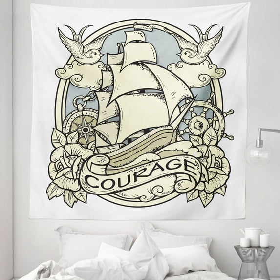 Vintage Boat Tapestry, Courage Theme with Old Ornamental Ship with Roses Birds Anchor Windrose, Fabric Wall Hanging Decor for Bedroom Living Room Dorm, 5 Sizes, Beige and Grey, by Ambesonne