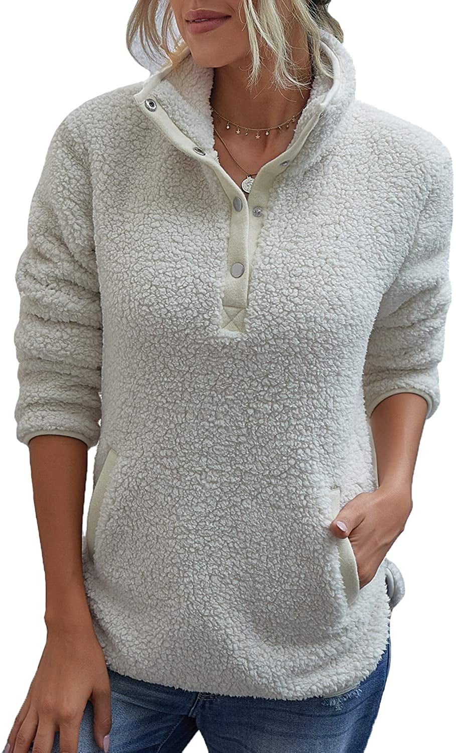 Womens Stand Collar Half Zipper Fuzzy Fleece Sherpa Pullover Sweatshirt