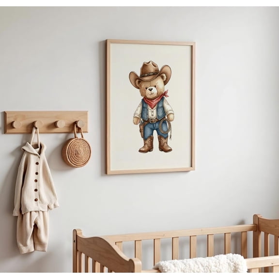 Vintage Cowboy Teddy Bear Nursery Wall Art, Western Baby Boy Room Decor, Country Nursery Artwork, Toddler Western Theme, 16x24 UNFRAMED