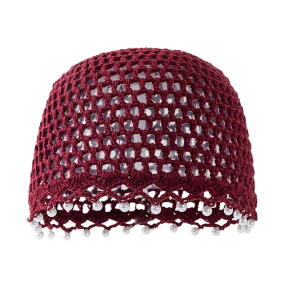 Hand Hollow Knit Beanie With Pearl Trim Lightweight Breathable Cap Vintage Art‑Style Daily Wear Women Knitted Head‑Wrap Hat